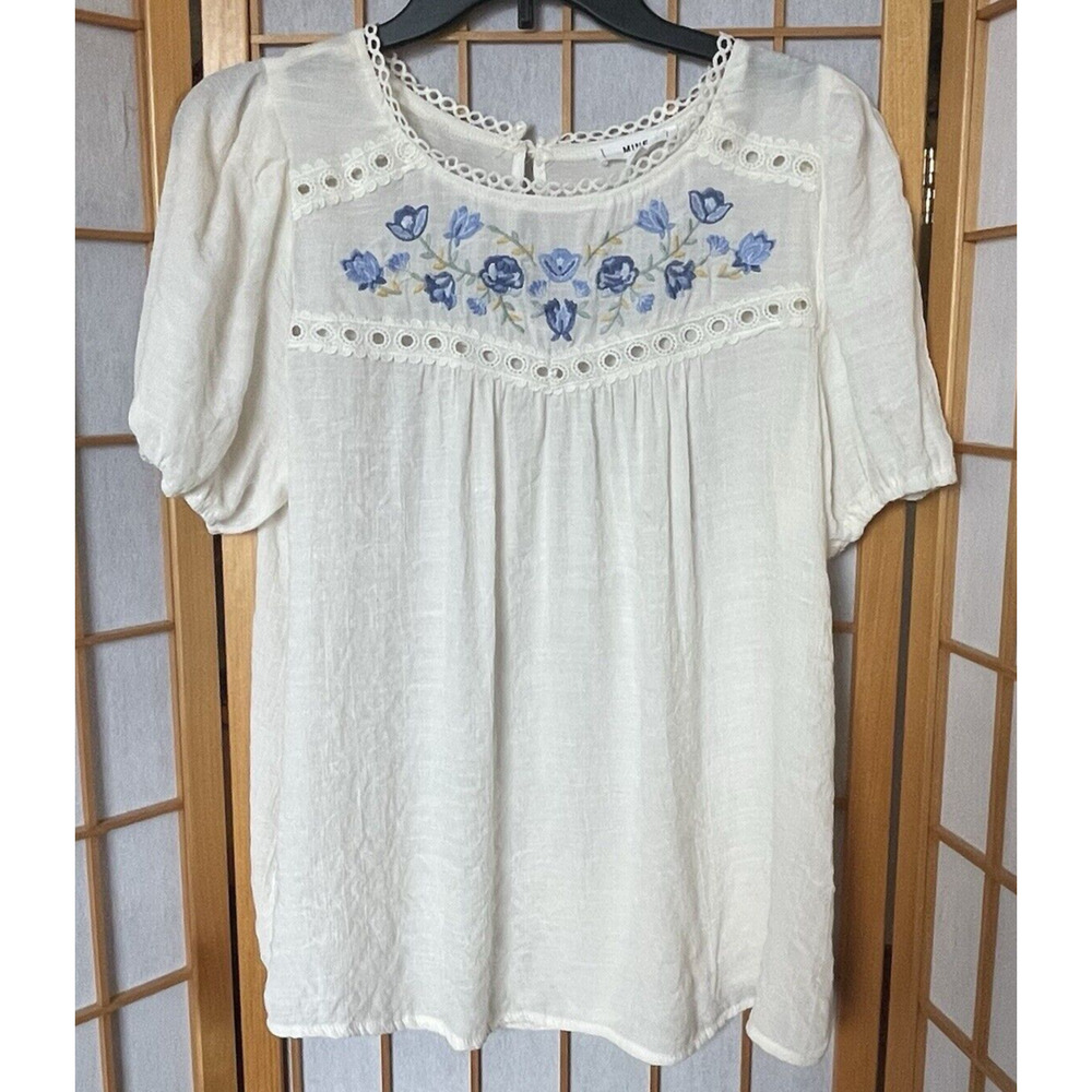 MINE Boho sheer white top embroidered flowers Large